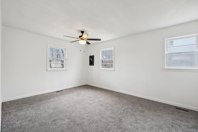 carpeted spare room with a wealth of natural light, electric panel, and ceiling fan