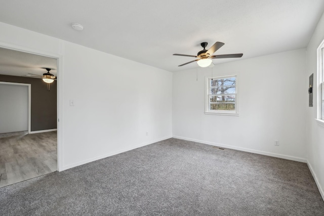 spare room with ceiling fan and carpet