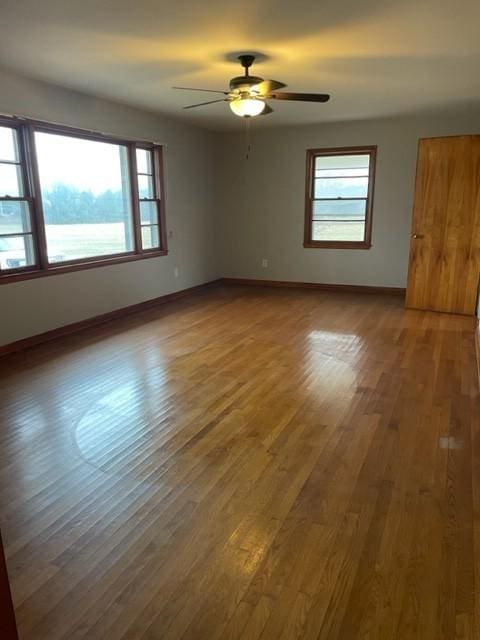 spare room featuring hardwood / wood-style flooring, ceiling fan, and a wealth of natural light