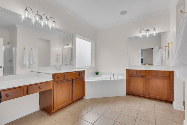 bathroom with vanity, tile patterned floors, ornamental molding, and plus walk in shower