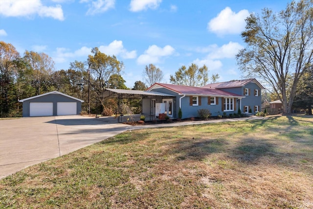 ranch-style home featuring an outbuilding, a carport, a garage, and a front lawn