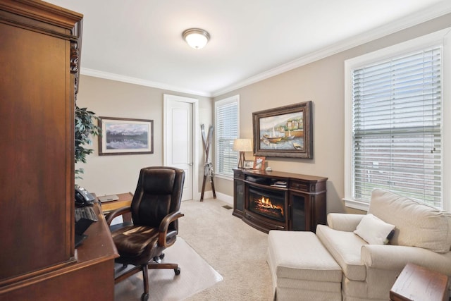 home office with ornamental molding and light carpet