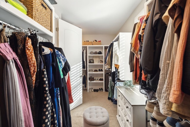 spacious closet featuring light carpet