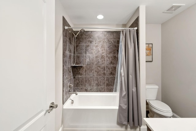 full bathroom with toilet, vanity, and shower / bathtub combination with curtain