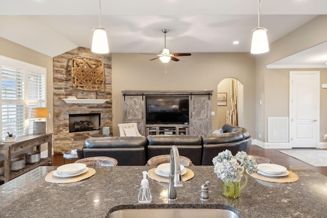 living room with hardwood / wood-style flooring, vaulted ceiling, ceiling fan, and a fireplace