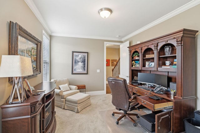 office space featuring ornamental molding and light carpet