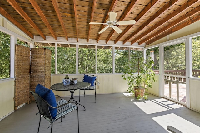 unfurnished sunroom with ceiling fan, lofted ceiling with beams, and wooden ceiling