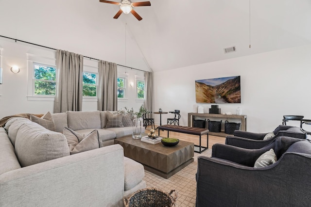 living room with ceiling fan and high vaulted ceiling