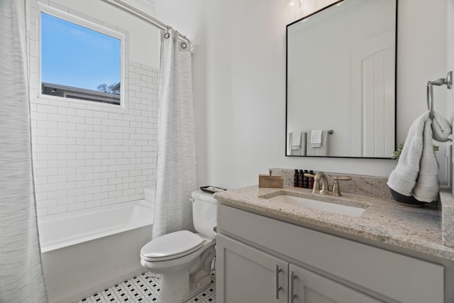 full bathroom with tile patterned flooring, vanity, shower / tub combo, and toilet