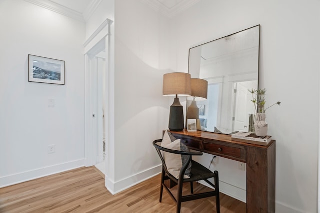 office with crown molding and hardwood / wood-style floors