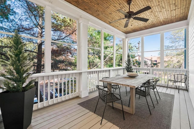 sunroom with wooden ceiling and ceiling fan