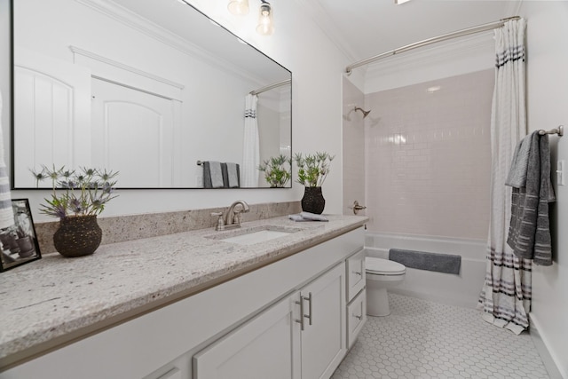 full bathroom featuring tile patterned flooring, vanity, shower / tub combo, toilet, and crown molding