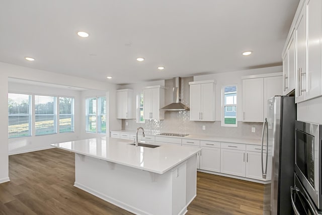 kitchen featuring appliances with stainless steel finishes, wall chimney exhaust hood, an island with sink, and sink