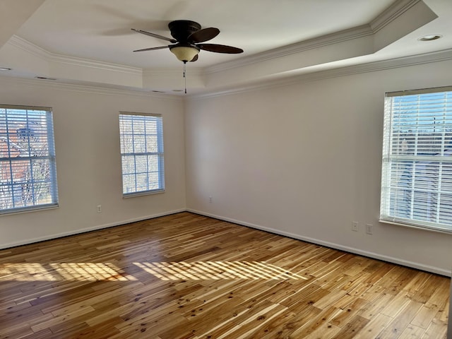 spare room with crown molding, a raised ceiling, and light hardwood / wood-style floors