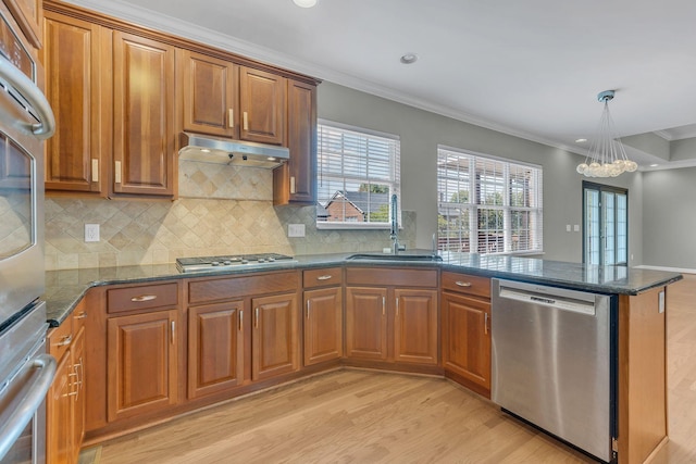 kitchen featuring sink, crown molding, dark stone countertops, light wood-type flooring, and stainless steel appliances