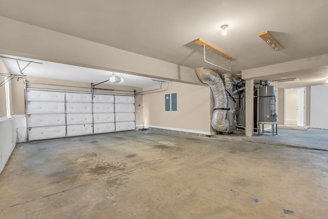 garage with heating unit, a garage door opener, electric panel, and water heater