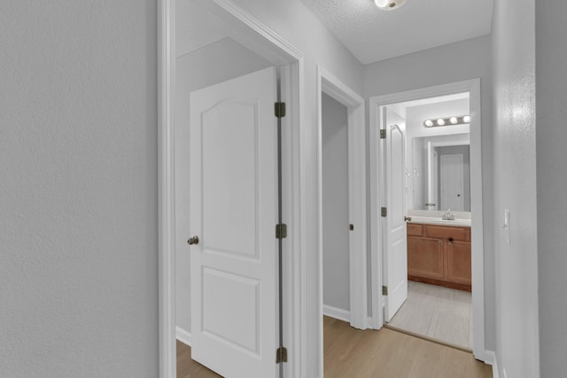 hallway featuring sink, light hardwood / wood-style floors, and a textured ceiling