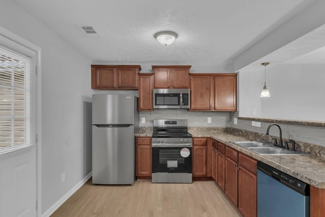 kitchen featuring sink, light wood-type flooring, pendant lighting, stainless steel appliances, and backsplash