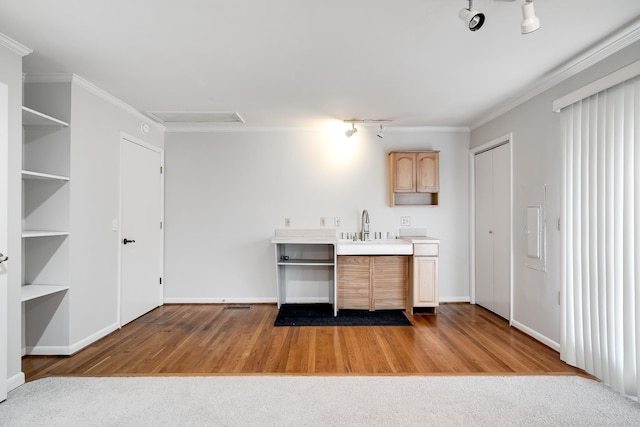 kitchen with crown molding, track lighting, light wood-type flooring, and light brown cabinets