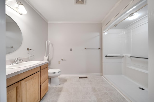 bathroom with crown molding, a shower, vanity, and toilet