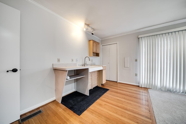 bathroom with wood-type flooring, ornamental molding, and track lighting