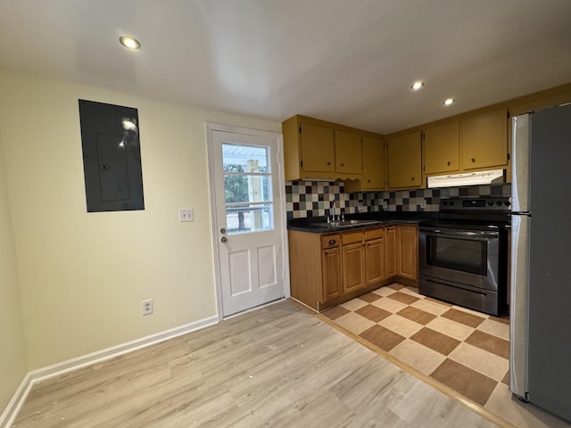 kitchen with sink, decorative backsplash, electric panel, light hardwood / wood-style floors, and stainless steel appliances