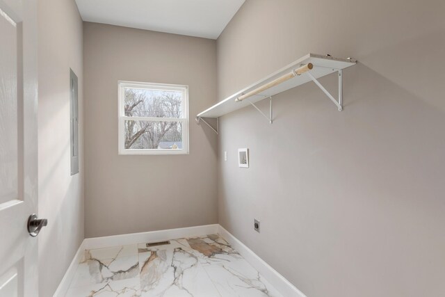 laundry room with washer hookup, marble finish floor, visible vents, laundry area, and baseboards