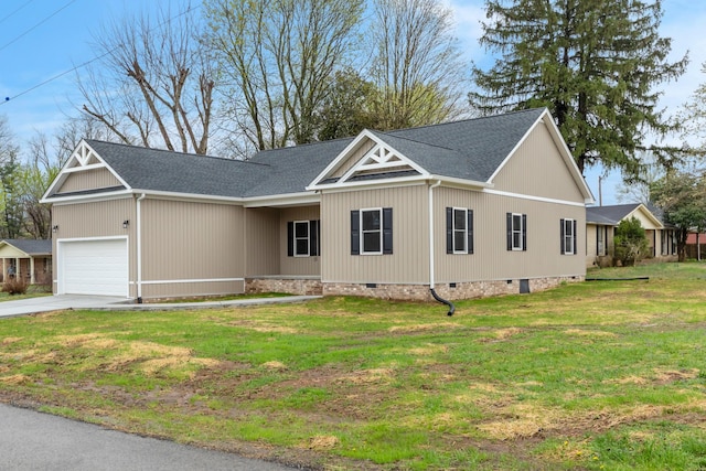 single story home featuring roof with shingles, an attached garage, a front lawn, crawl space, and driveway
