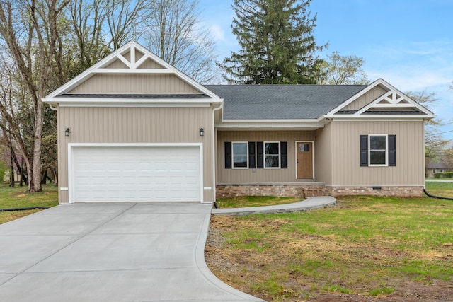 view of front of house with a garage, a front yard, a shingled roof, crawl space, and driveway