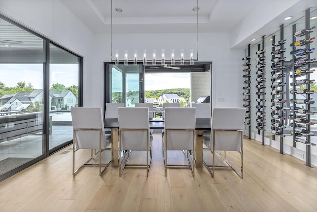 dining space with a raised ceiling, plenty of natural light, and light hardwood / wood-style flooring