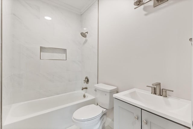 full bathroom featuring crown molding, vanity, toilet, and tiled shower / bath combo