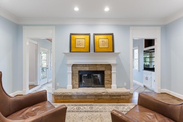 living room featuring ornamental molding and a stone fireplace