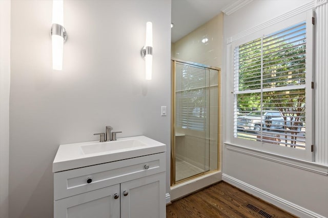 bathroom with a shower with door, wood-type flooring, and sink