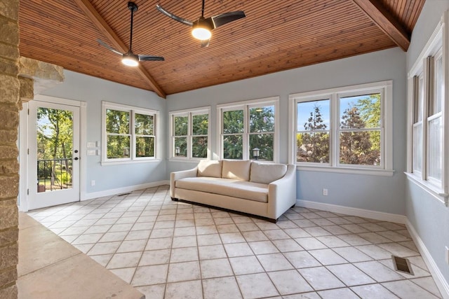 unfurnished sunroom with ceiling fan, lofted ceiling with beams, and wooden ceiling