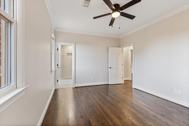 unfurnished bedroom featuring ornamental molding, dark hardwood / wood-style floors, and ceiling fan