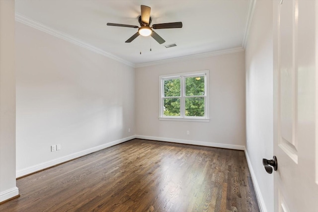 empty room with crown molding, dark hardwood / wood-style floors, and ceiling fan