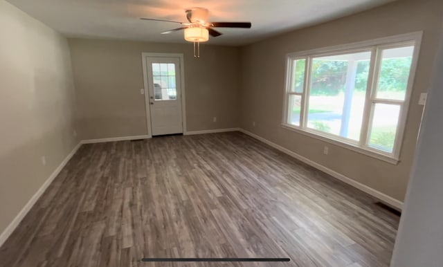 empty room featuring a wealth of natural light, wood-type flooring, and ceiling fan