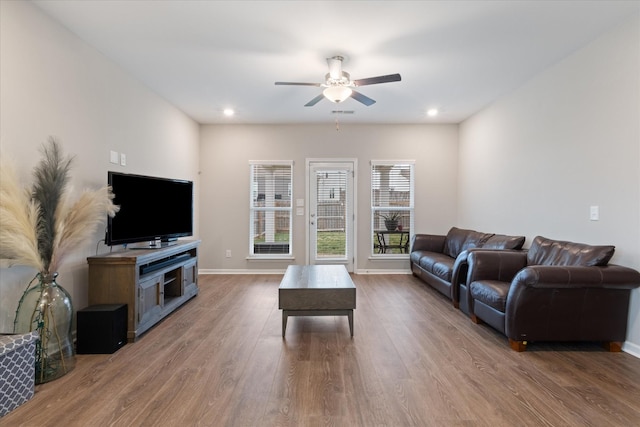 living room featuring ceiling fan and hardwood / wood-style floors