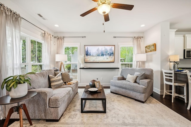 living room with hardwood / wood-style floors and ceiling fan