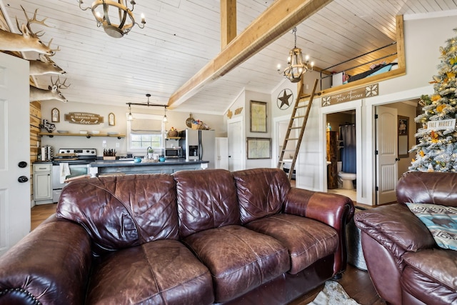 living room featuring wood ceiling, hardwood / wood-style flooring, lofted ceiling with beams, and a chandelier