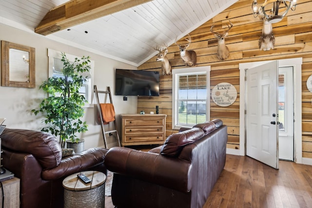 living room featuring wooden walls, dark hardwood / wood-style flooring, vaulted ceiling, and wooden ceiling