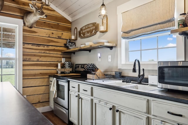 kitchen featuring lofted ceiling, sink, hanging light fixtures, wooden walls, and stainless steel appliances