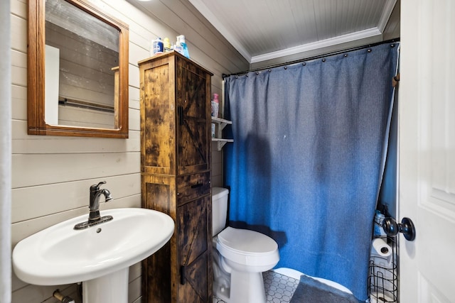 bathroom with ornamental molding, sink, wooden walls, and toilet