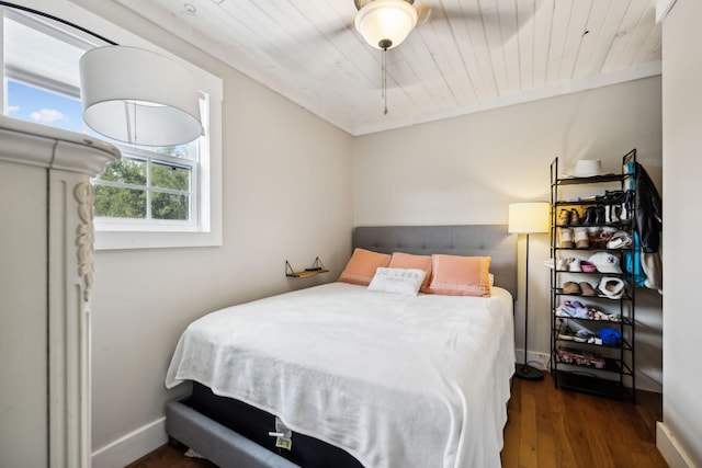 bedroom with wood ceiling and dark hardwood / wood-style floors