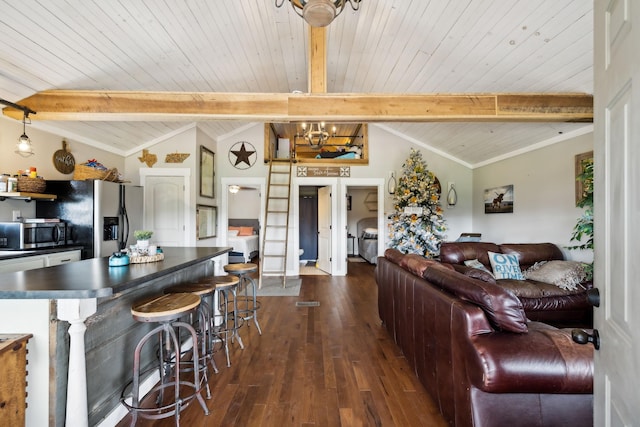 living room with dark hardwood / wood-style floors, vaulted ceiling with beams, ornamental molding, a notable chandelier, and wooden ceiling