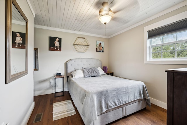 bedroom featuring crown molding, ceiling fan, wood ceiling, and dark hardwood / wood-style flooring