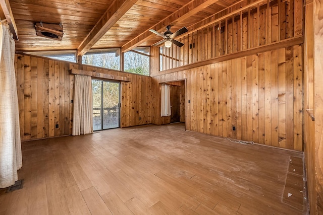 spare room featuring wood walls, wood ceiling, lofted ceiling with beams, ceiling fan, and hardwood / wood-style floors