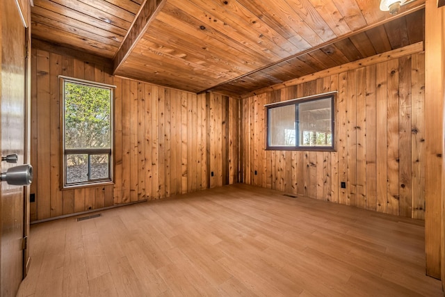 empty room with wooden ceiling, wood walls, and light wood-type flooring