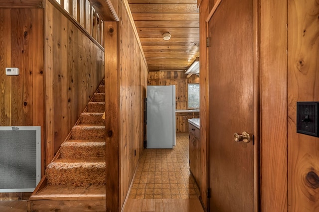 staircase featuring heating unit, wood ceiling, and wood walls