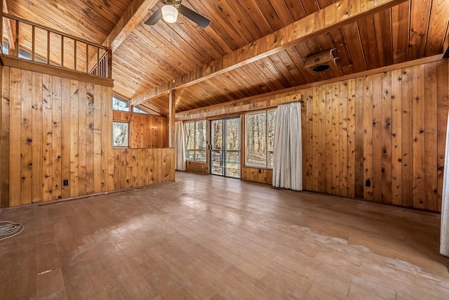 spare room with beamed ceiling, wood walls, wooden ceiling, hardwood / wood-style flooring, and ceiling fan